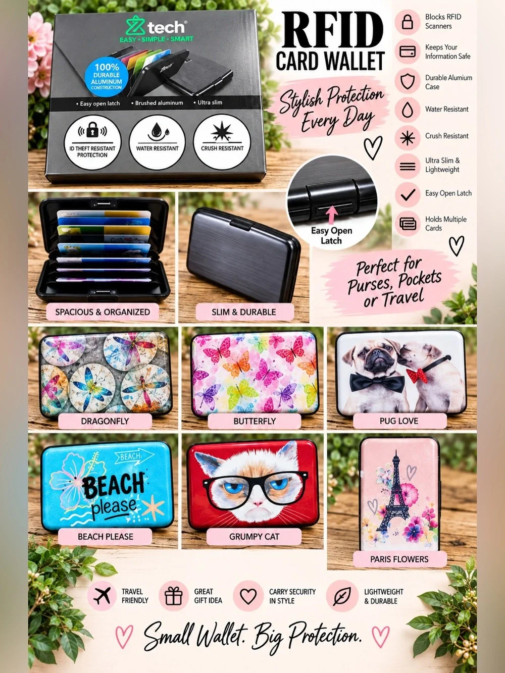 2 RFID Card Wallet - Butterfly Design - Pink